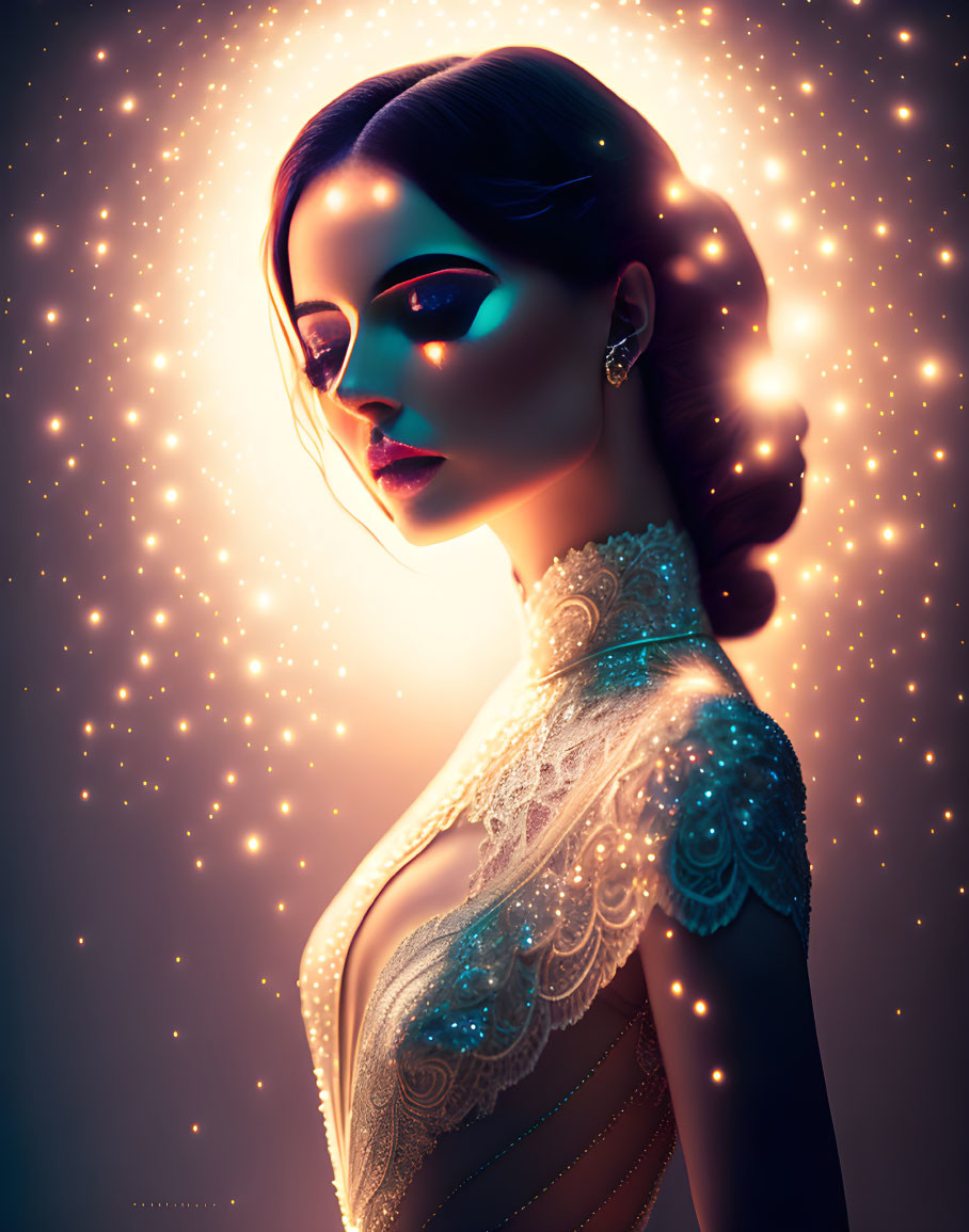 Digital portrait of a woman with glowing contours and lace garment in luminescent aura