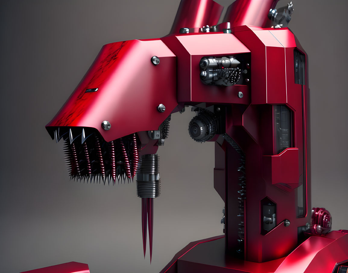 Futuristic red robotic dinosaur head with sharp teeth and metallic texture