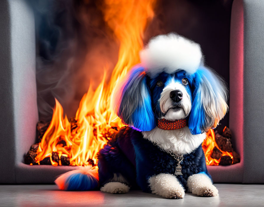 Blue and white poodle with Eiffel Tower pendant by fireplace