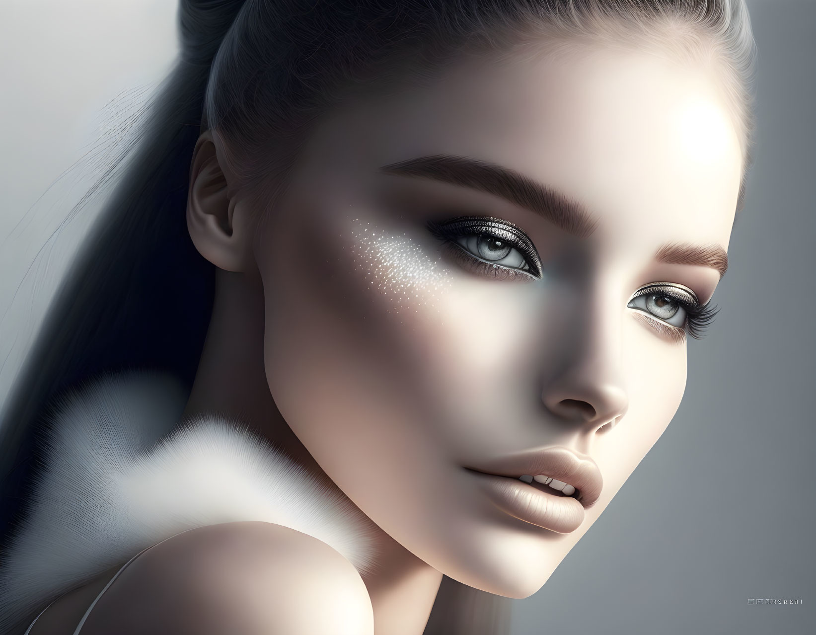 Pale-skinned woman with dramatic makeup and ethereal glow in digital portrait