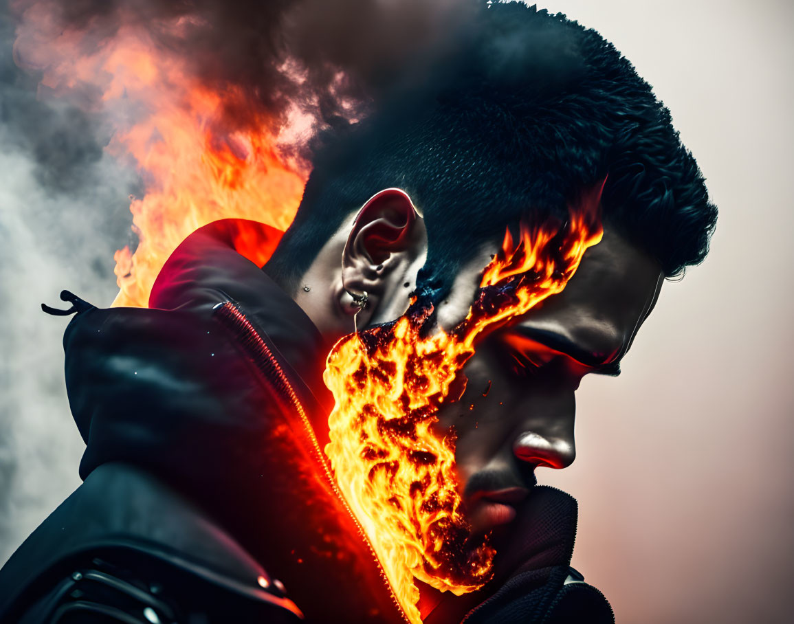 Profile of a man with flames on his face against a smoky backdrop