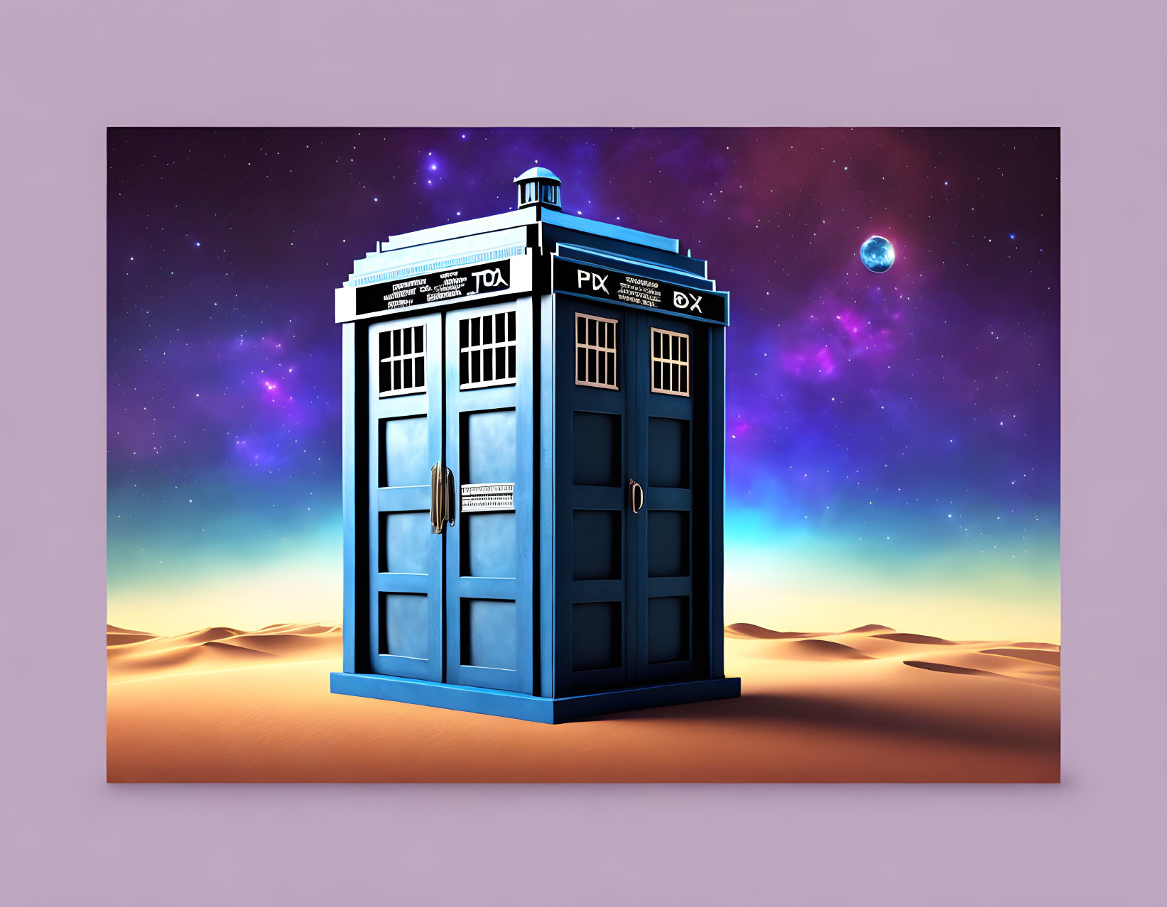 Blue police box in desert with galaxy sky - Science fiction theme