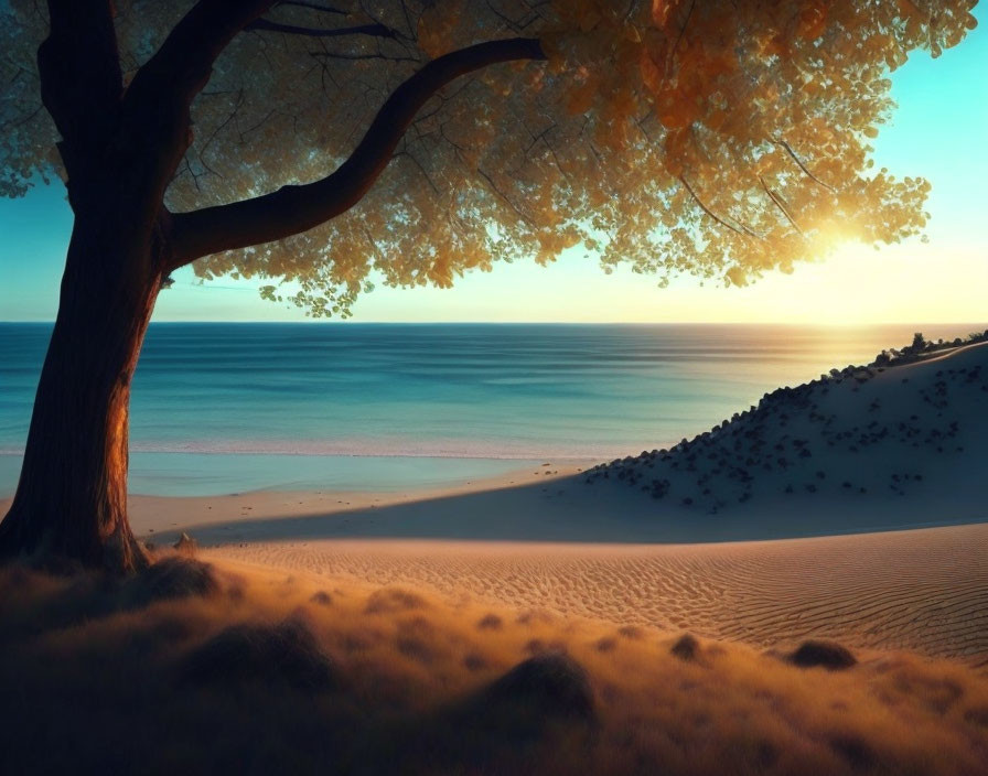 Tranquil beach sunset with lone tree on dune