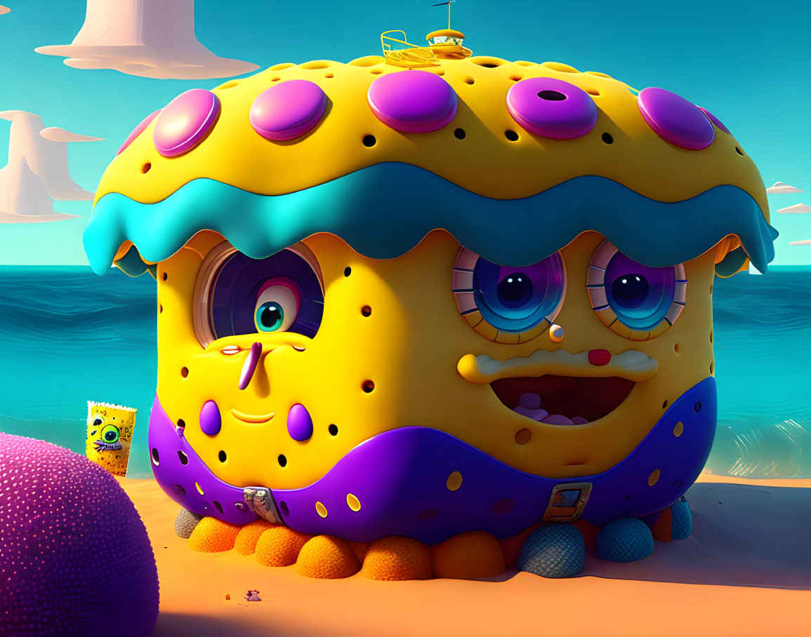 3D animated SpongeBob-style pineapple house on beach with tiny character