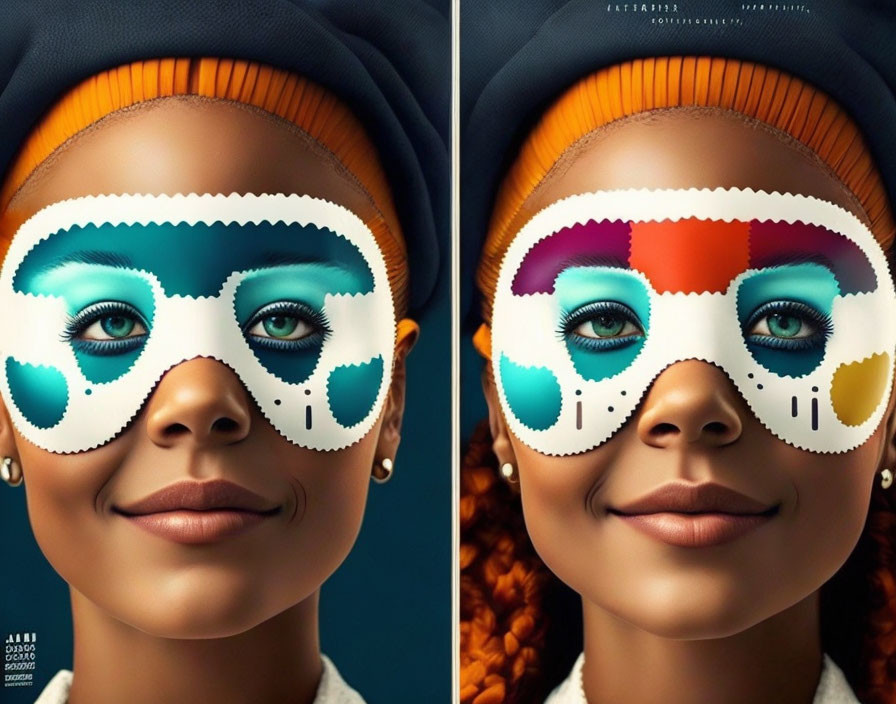 Digital artwork: Woman with colorful paint drip glasses, orange beanie & braids