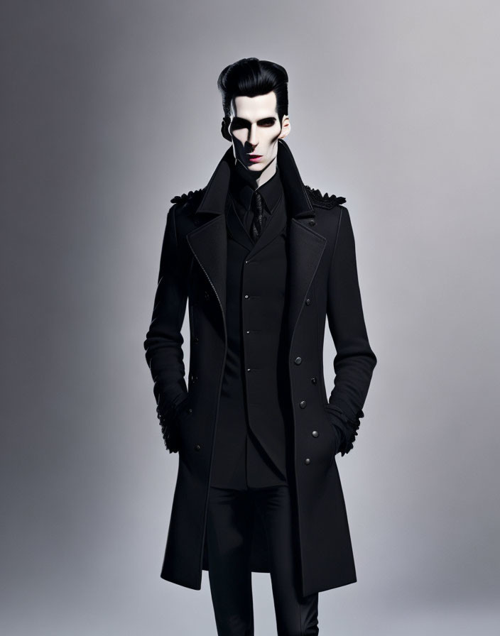 Slender model in black trench coat against gray background exudes gothic elegance