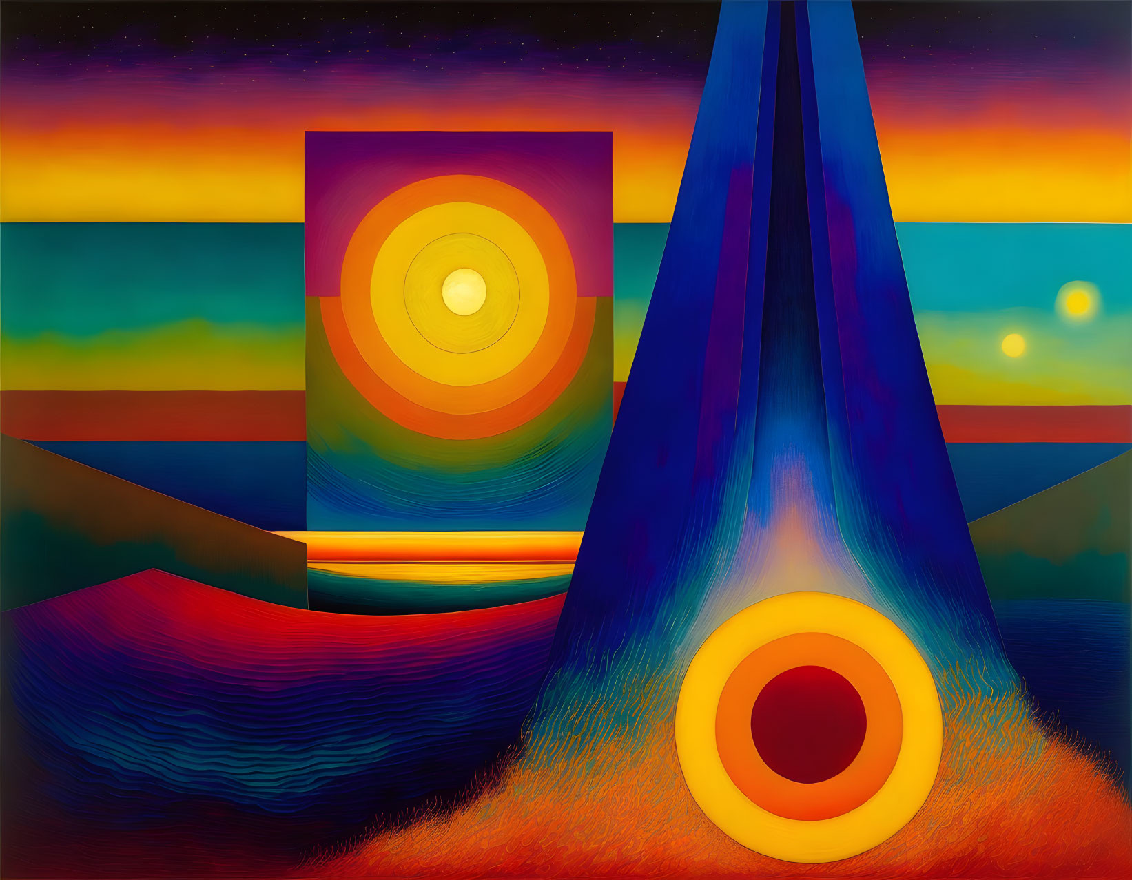 Colorful abstract painting with blue triangle, concentric circles, and striped bands depicting surreal landscape.