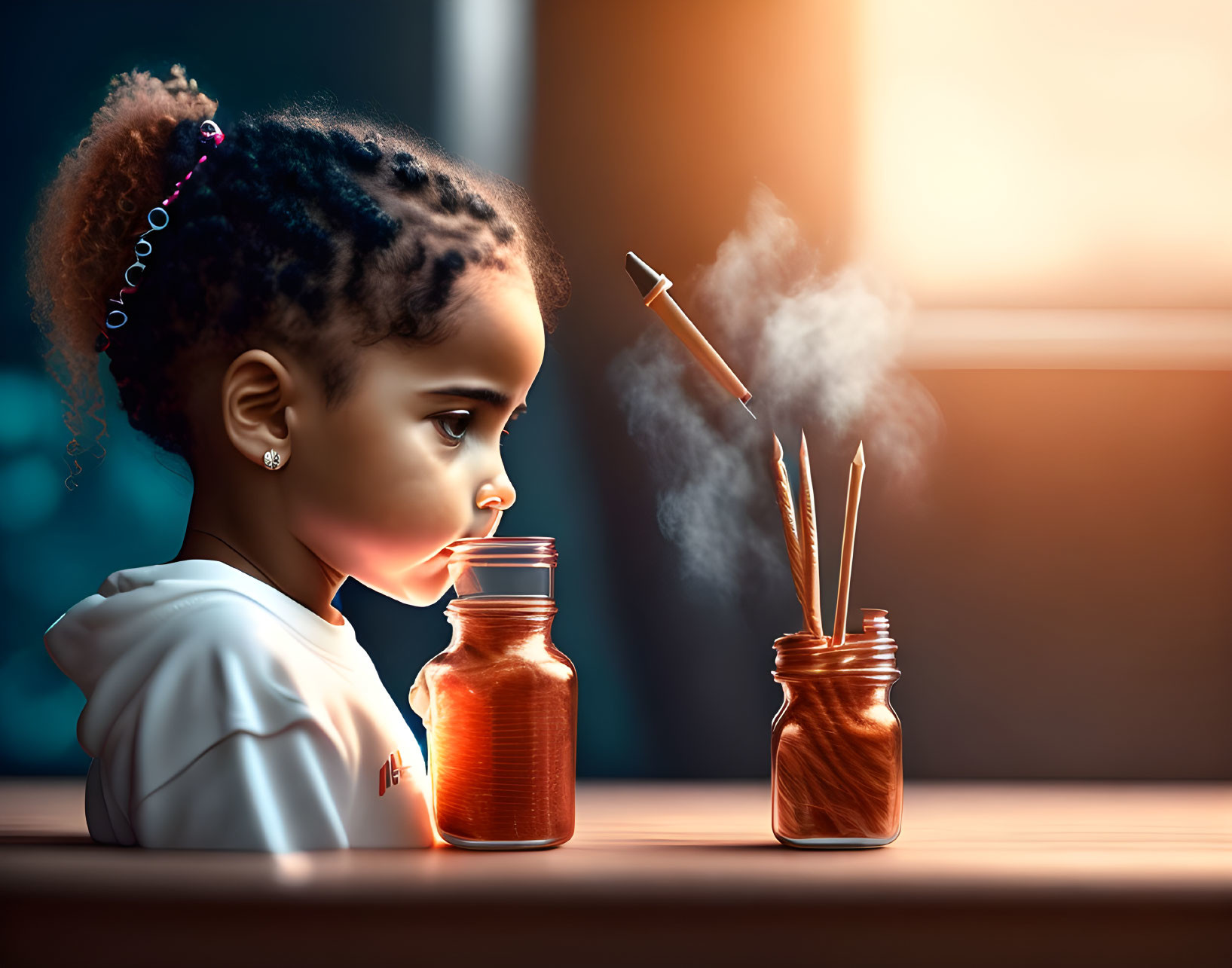 Child observing smoke rising from incense sticks on windowsill.