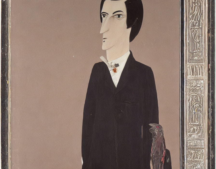 Figurative painting of slender figure in black suit with cane, beside bird on ledge