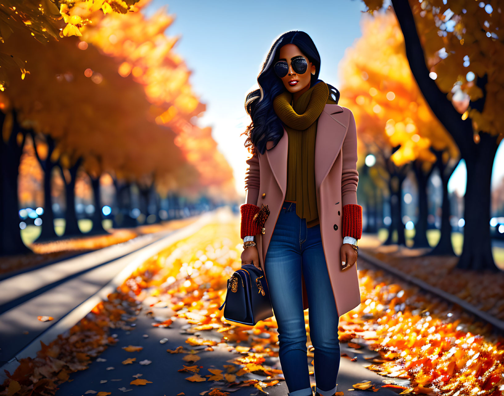 Fashionable woman in pink coat and scarf walking on tree-lined path in autumn.