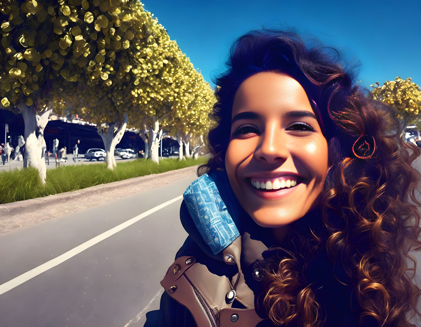 Curly-Haired Woman Smiling Outdoors with Backpack and Jacket