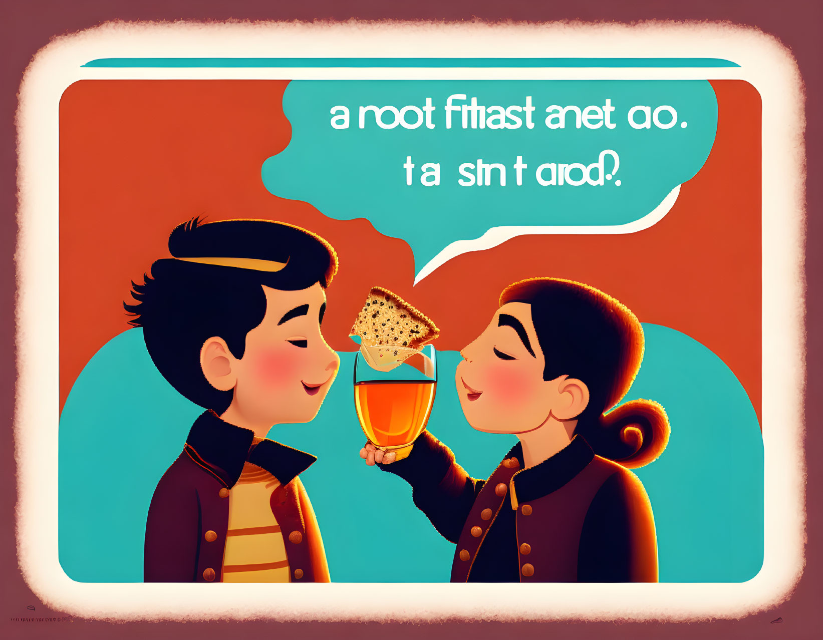 Animated children in royal attire toasting with glass and toast, reverse-text speech bubble above