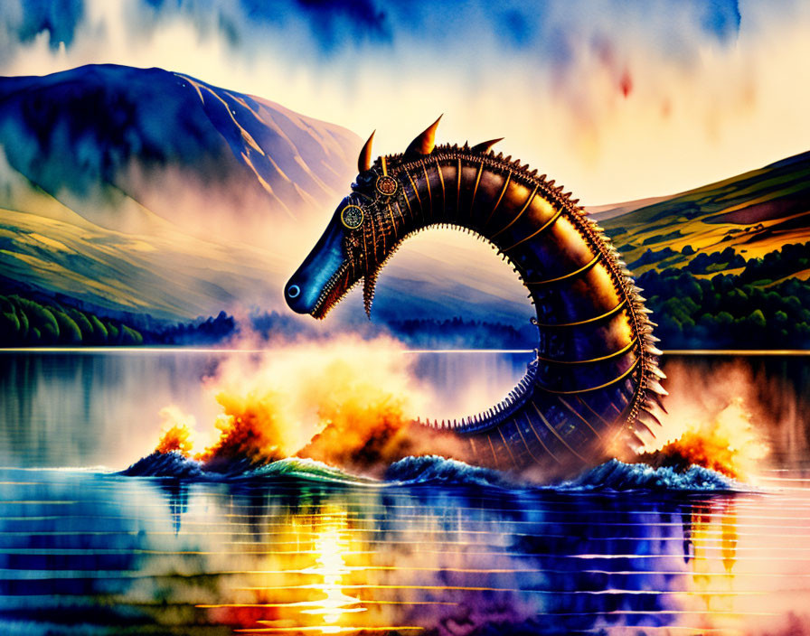 Steampunk-style seahorse sculpture in serene lake at sunset