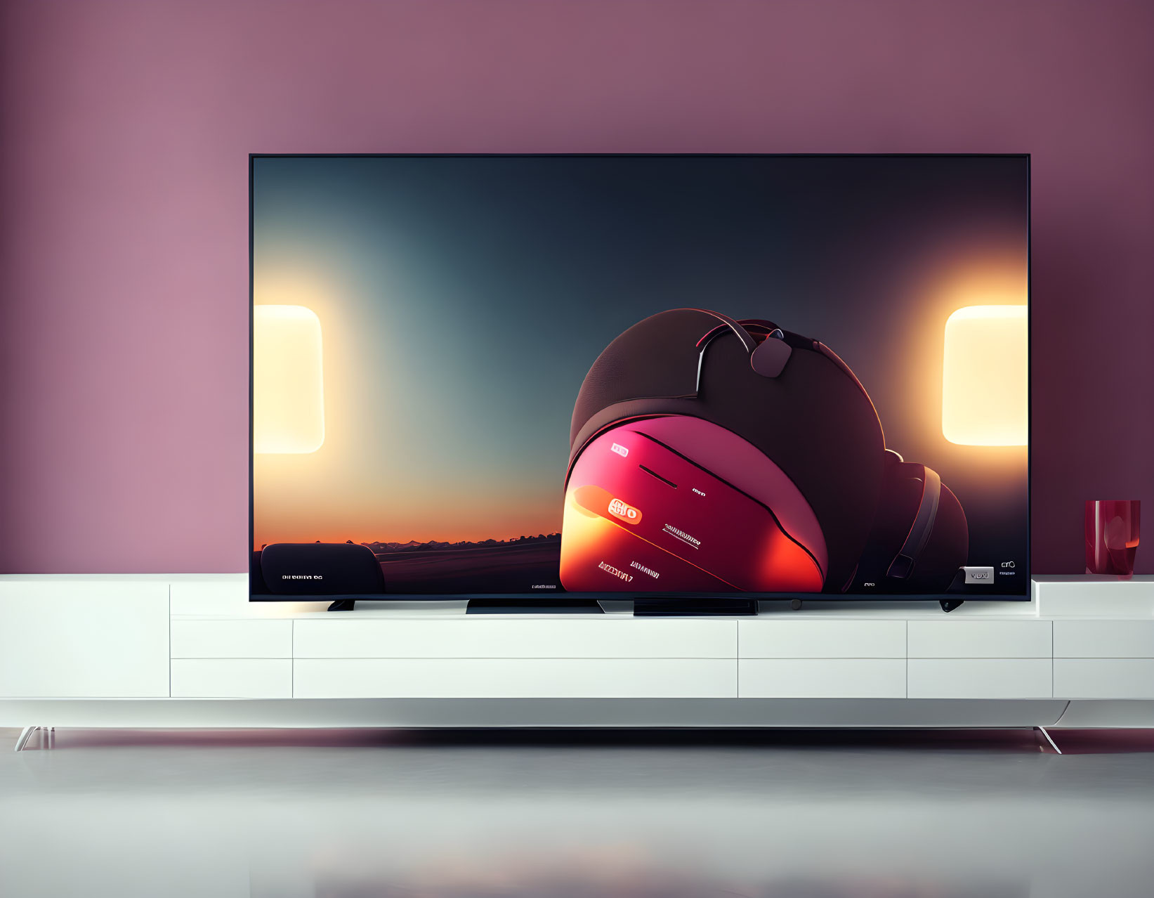 Modern Living Room with Large Flat-Screen TV and Colorful Helmet Graphic