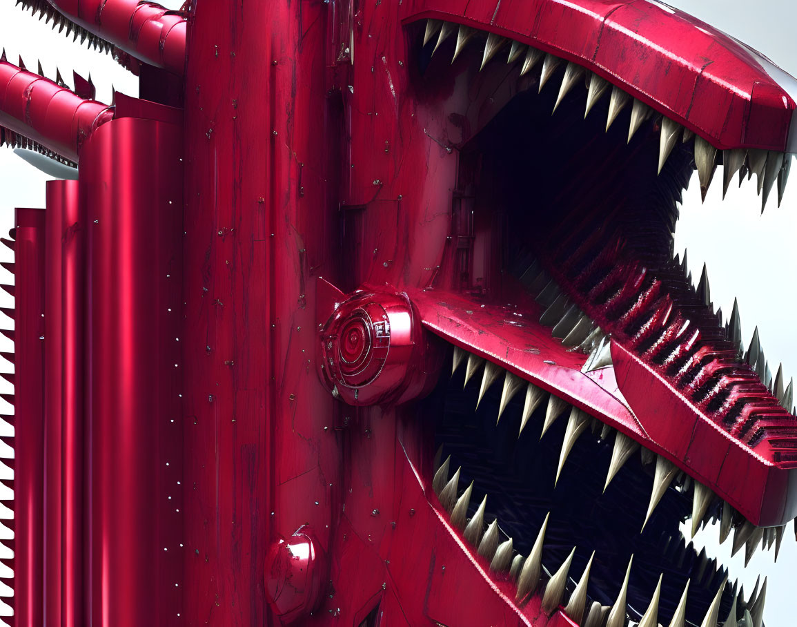 Red Mechanical Structure with Sharp Teeth and Cylindrical Shapes