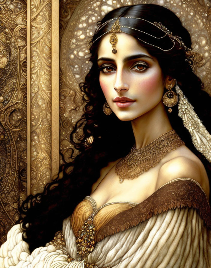 Detailed painting of woman in gold jewelry against ornate background