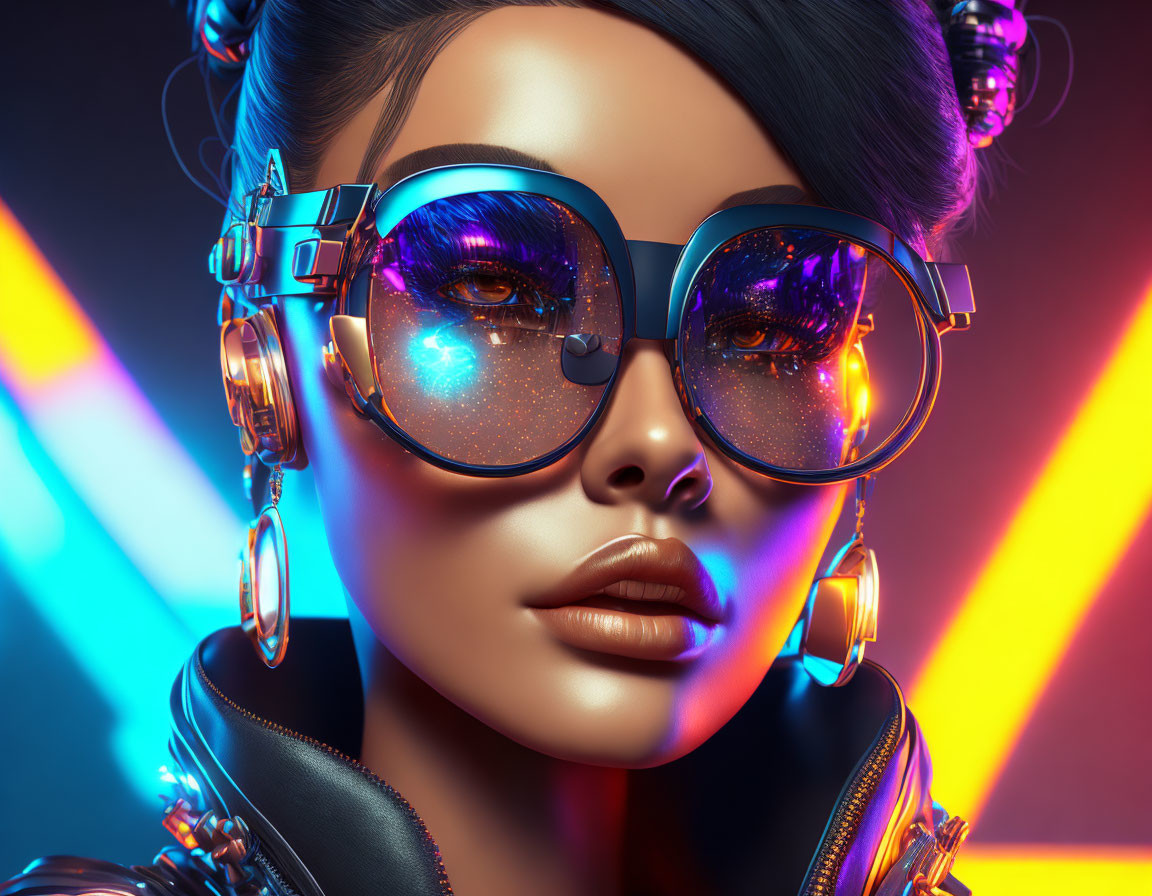 Futuristic female character with reflective glasses and neon lights portrait.