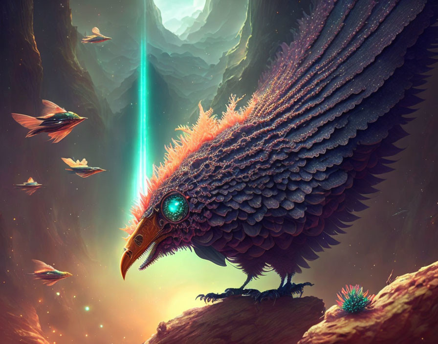 Majestic feathered creature on rock with flying birds and luminous beam