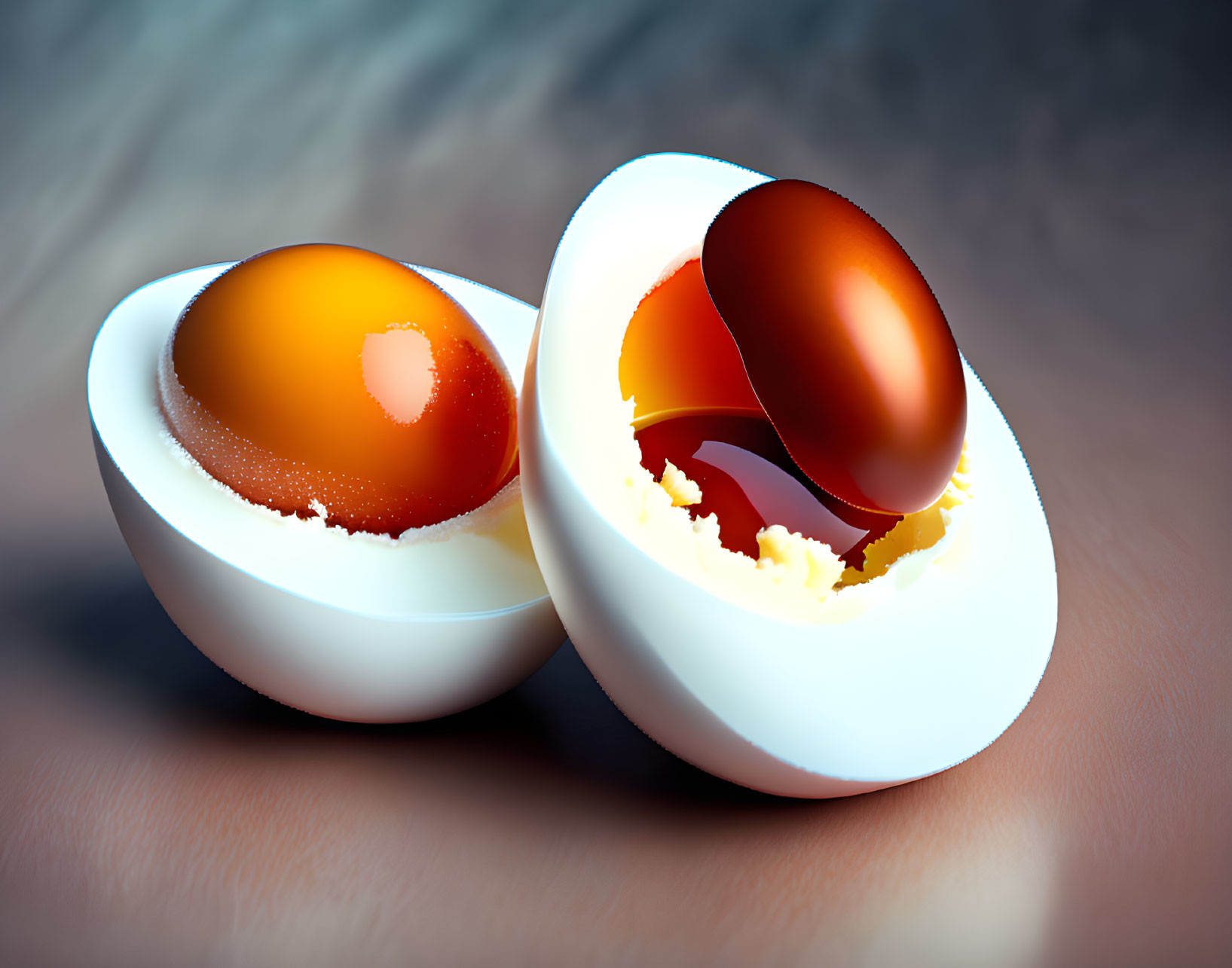 Surreal digital artwork: Boiled eggs with glossy stone interior