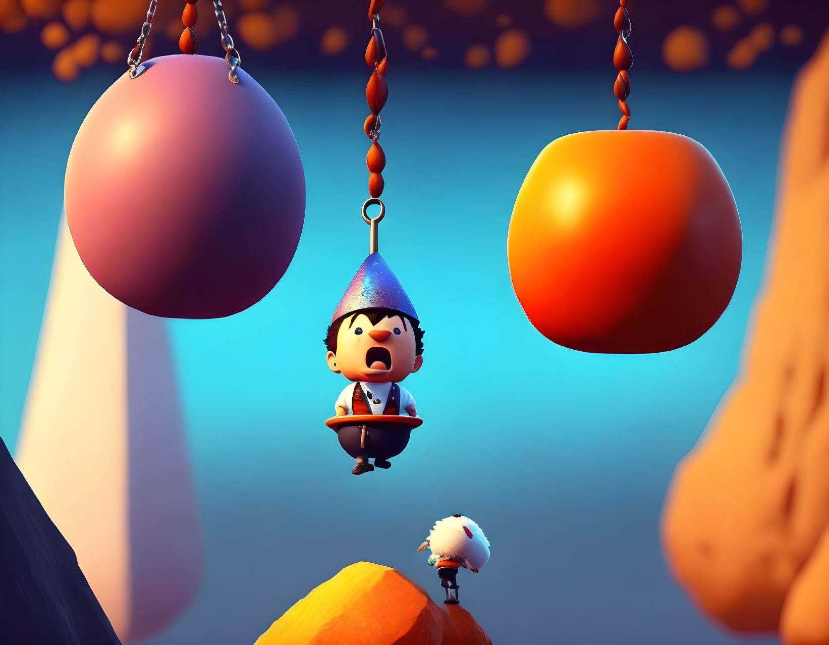 Whimsical 3D illustration of tiny wizard swinging among floating fruit with curious bird.