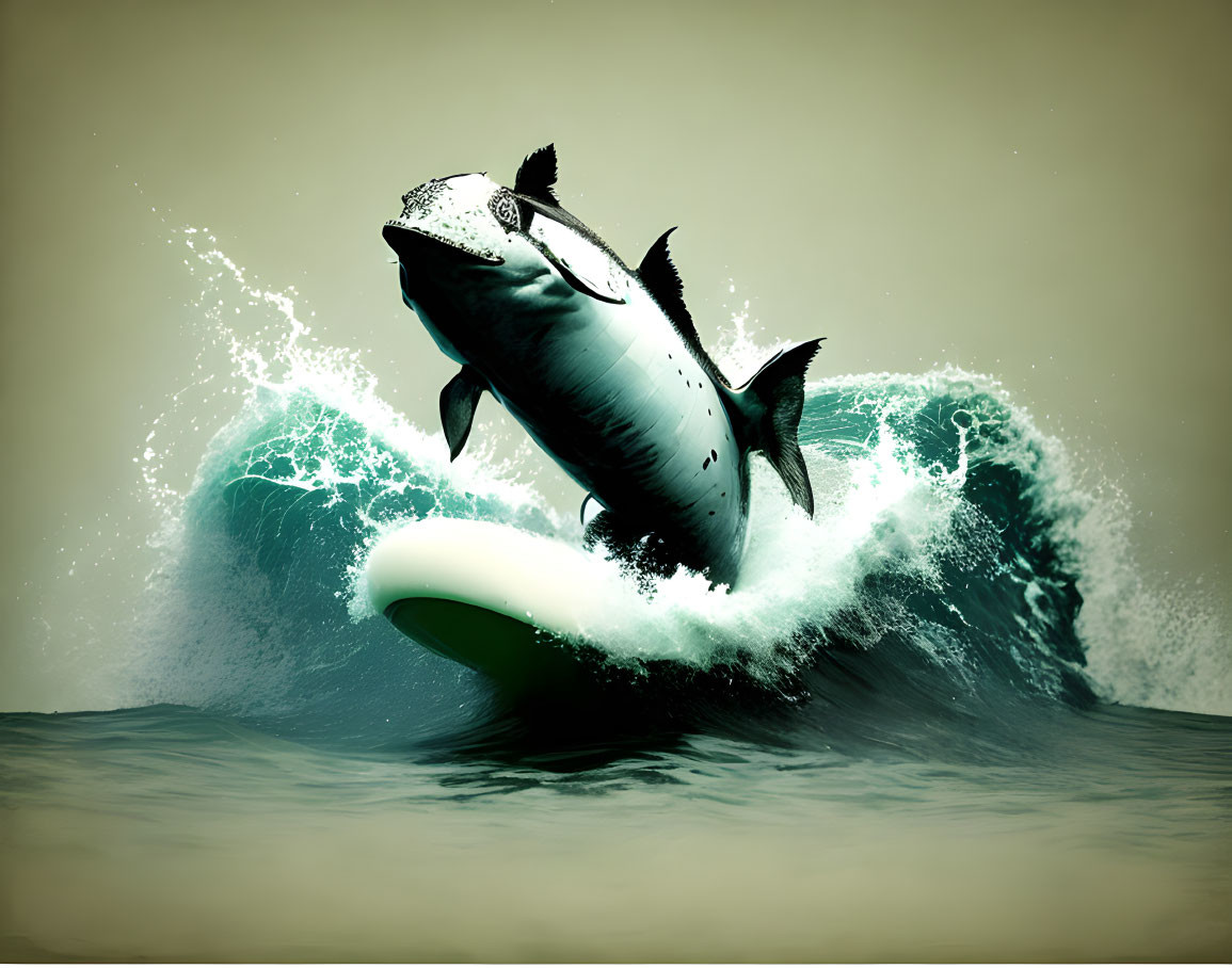 Great White Shark Leaping from Ocean Waves on Green Background