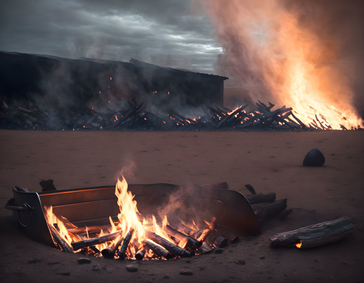 Intense bonfire in metal fire pit on sandy ground with larger fire in background amid wooden debris under