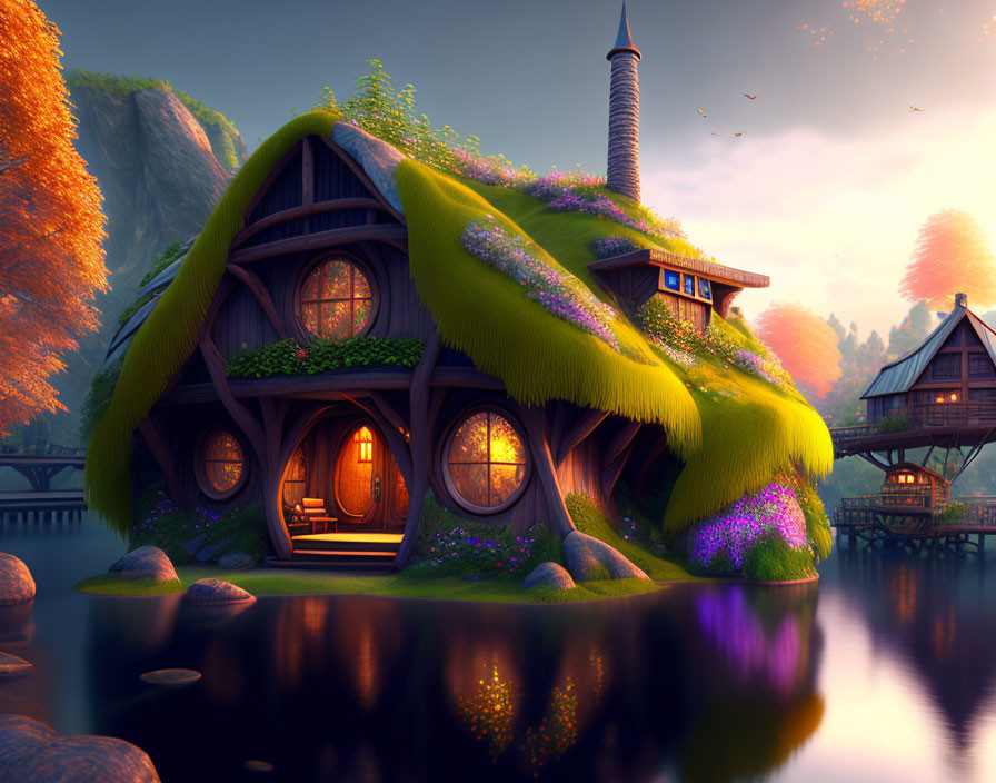 Tranquil lake cottage with mossy green roof at twilight