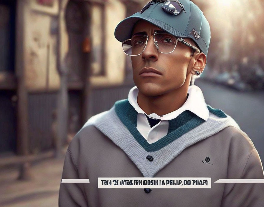 Stylized portrait of a man in glasses and cap with urban background