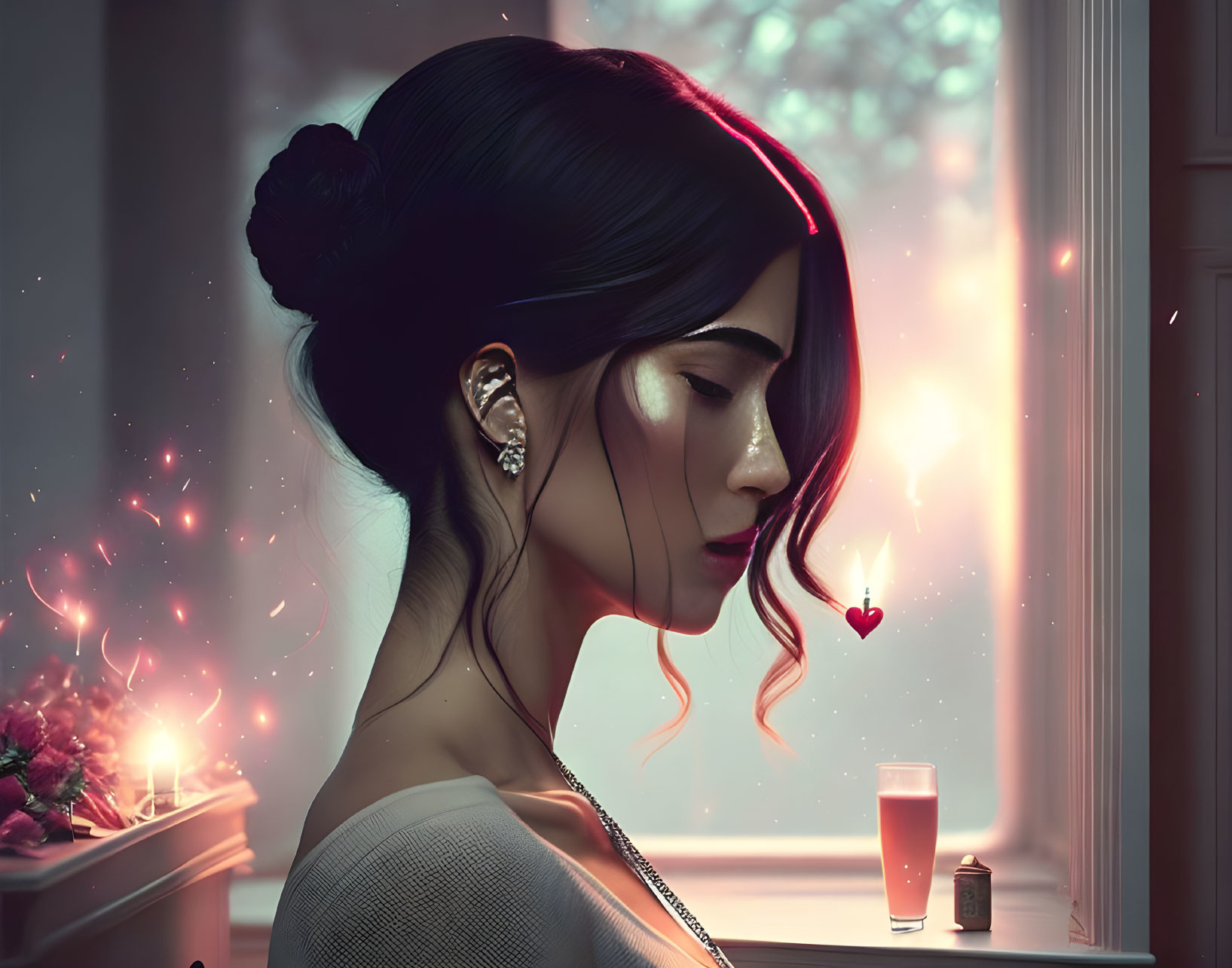 Woman with bun hairstyle surrounded by magical sparkles, heart, flowers, and candle.