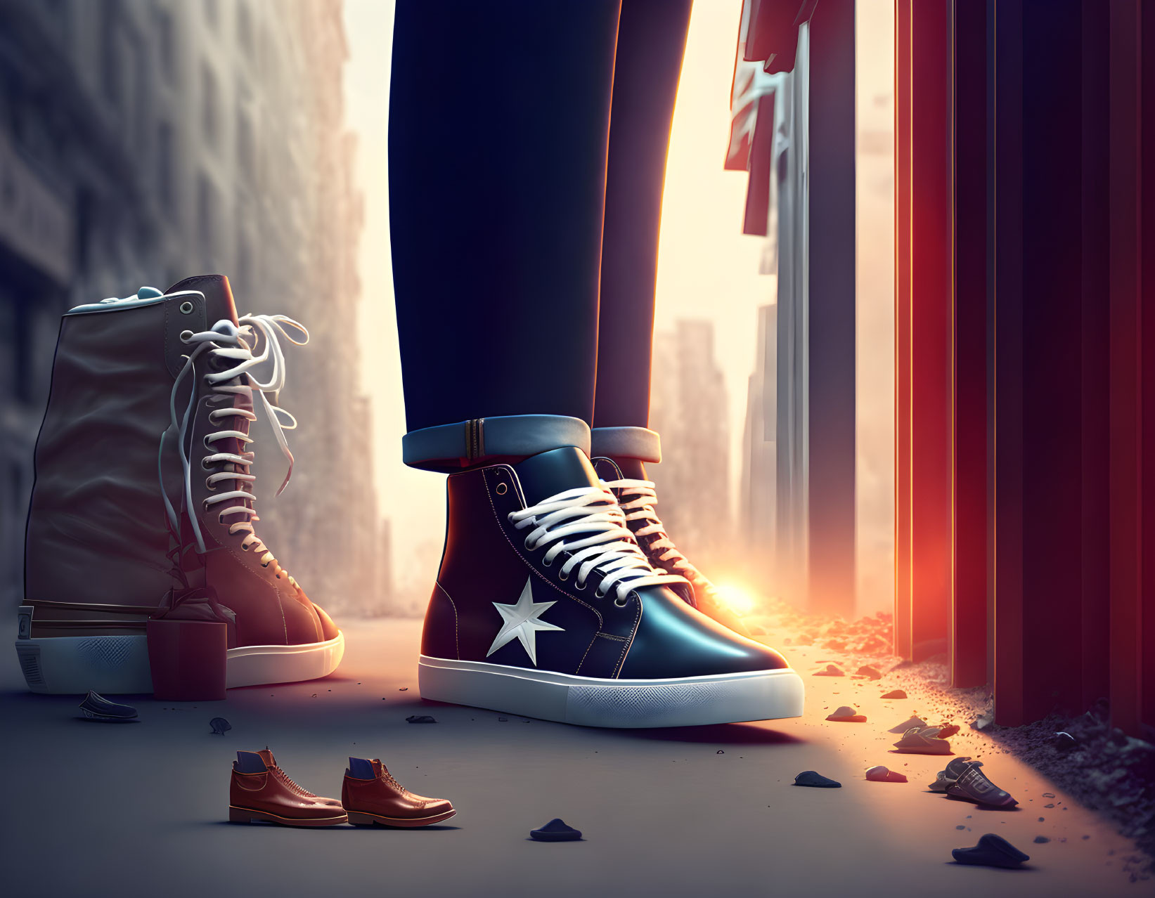 Giant sneakers overshadow small shoes in urban alleyway landscape