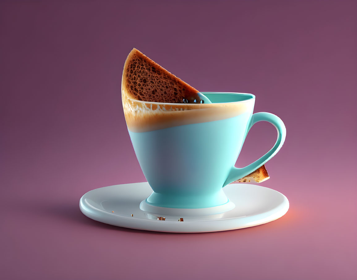 Surreal blue cup and saucer with bread slice on purple background