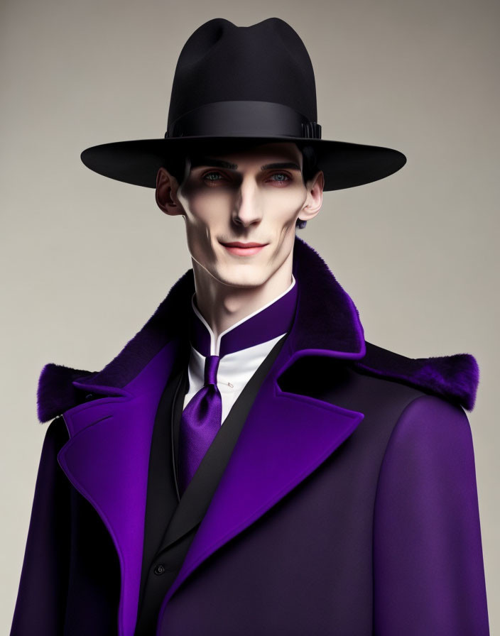 Person in Purple Coat and Black Hat with Mischievous Smile