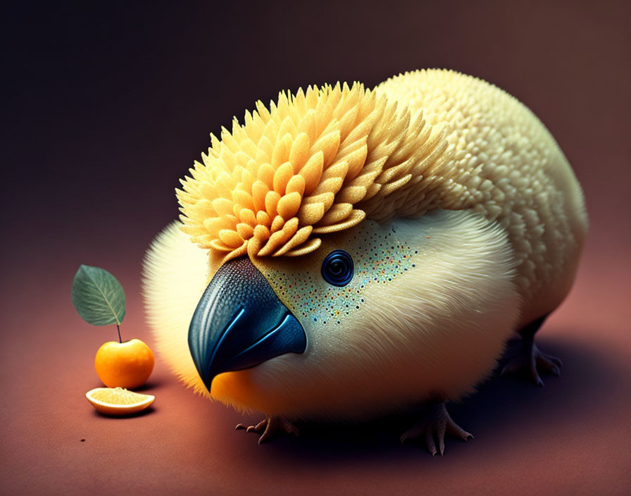 Fluffy yellow bird-like creature with leaf crest and orange fruit