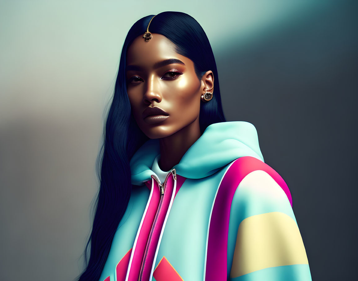 Woman with sleek hair and bold makeup in colorful hoodie and forehead chain against gray background