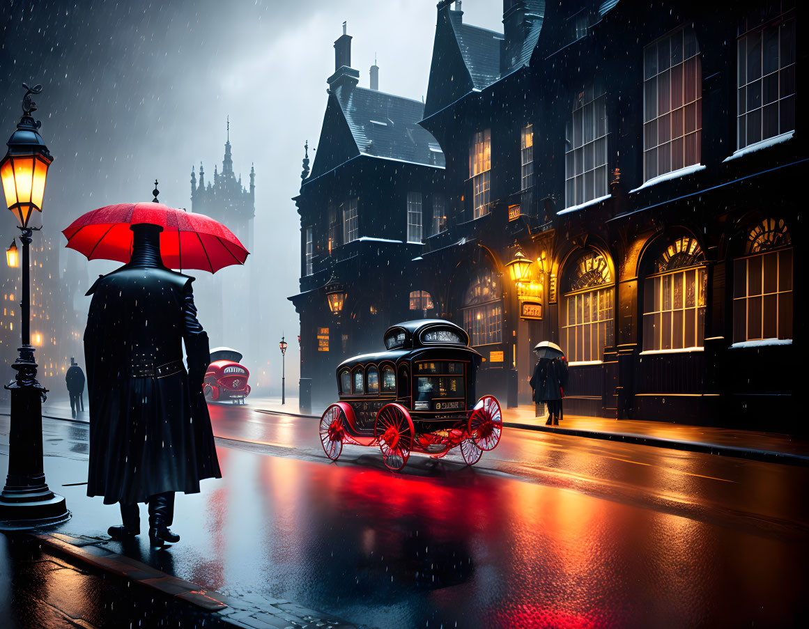 Red umbrella person in snowy vintage street scene