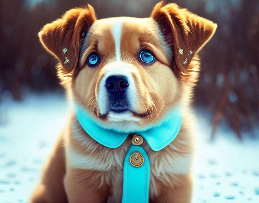 Brown and White Dog with Blue Eyes in Snowy Scene