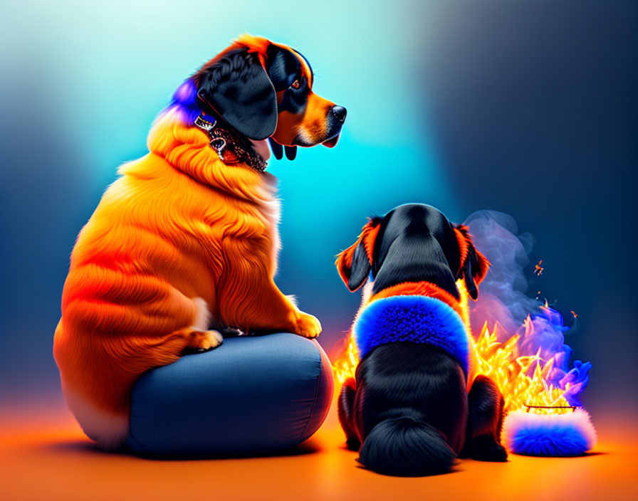 Stylized dogs with orange and blue fur on gradient background