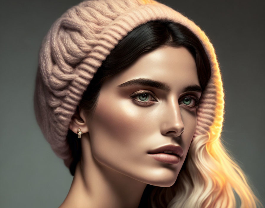 Portrait of Woman with Striking Green Eyes and Pink Knit Beanie