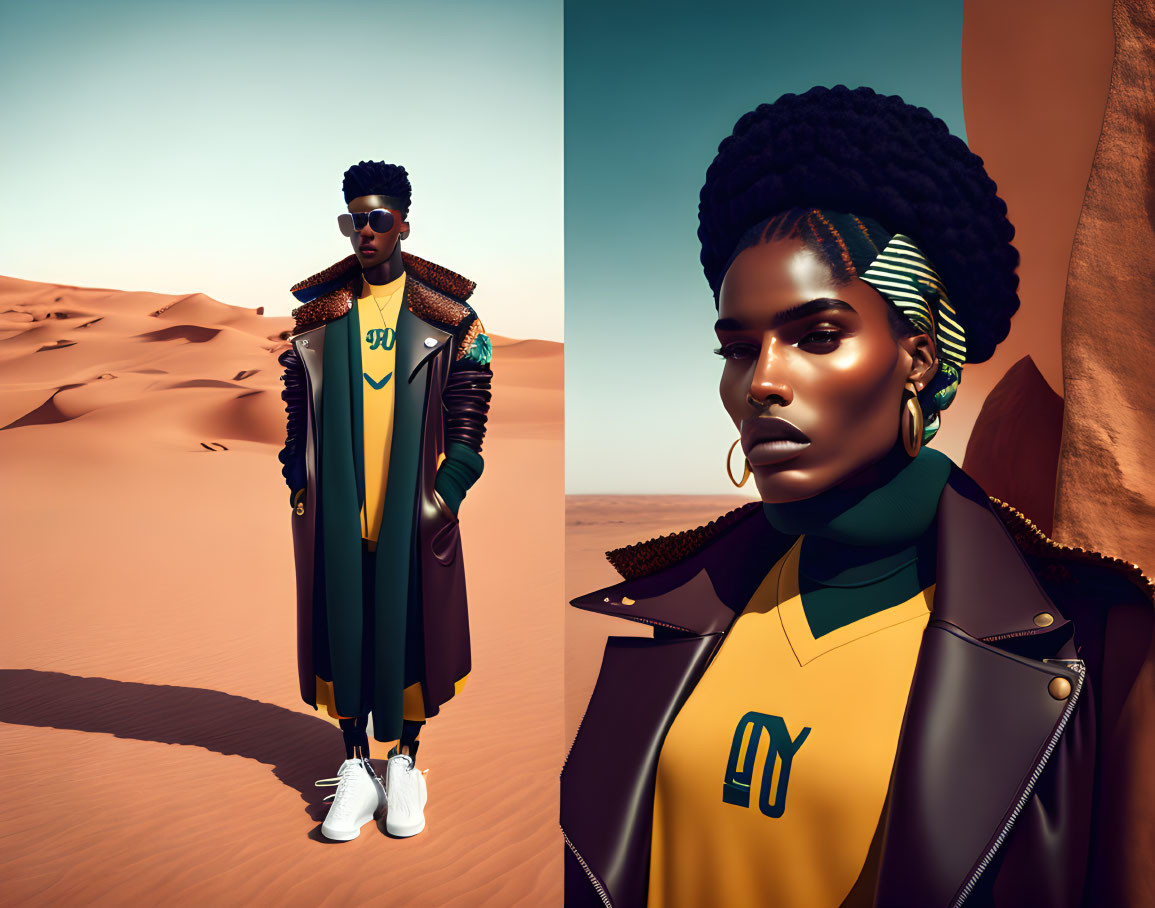 Stylized illustration of person with afro in sunglasses, green and black outfit, in desert.