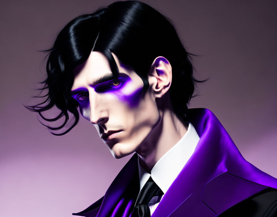 Digital portrait of a man in purple suit with sharp features and dark hair