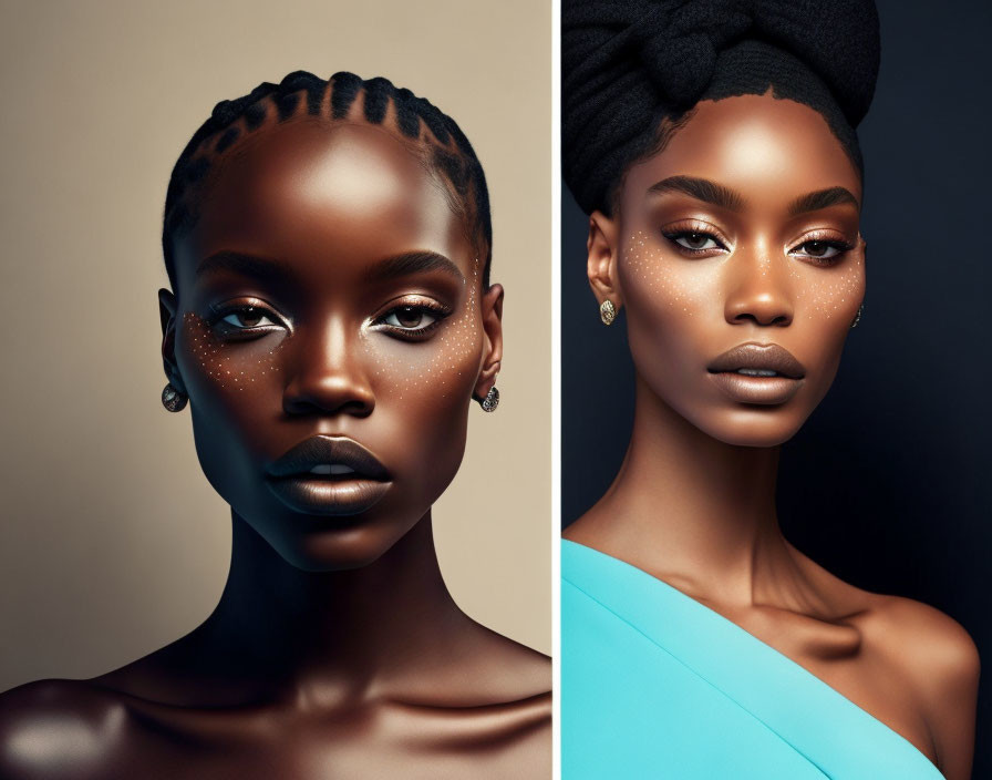 Portrait of woman with luminous skin and freckles in headwrap on neutral background