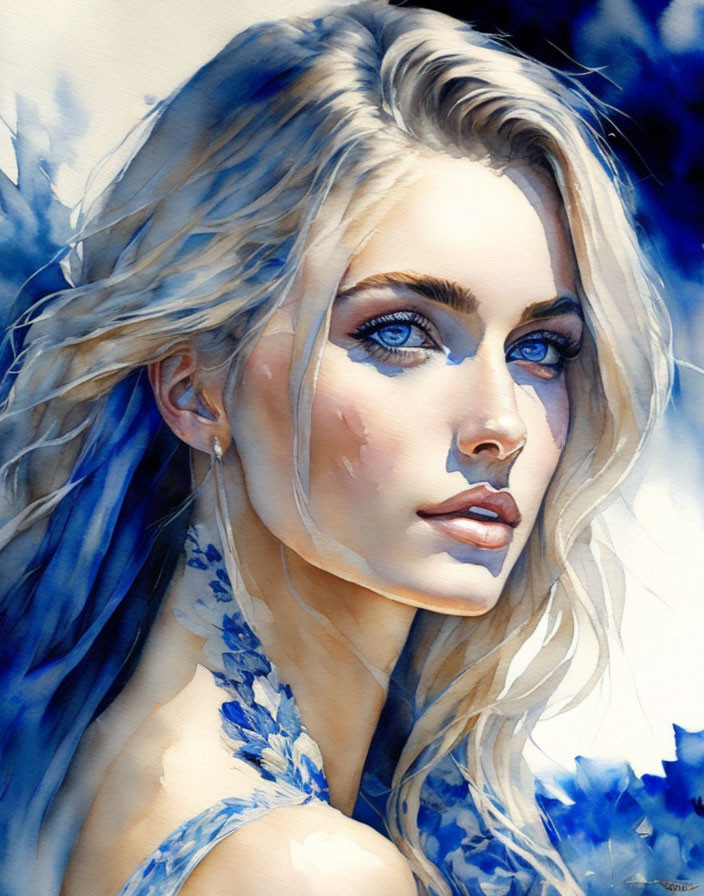 Watercolor portrait of woman with blonde hair and blue flowers