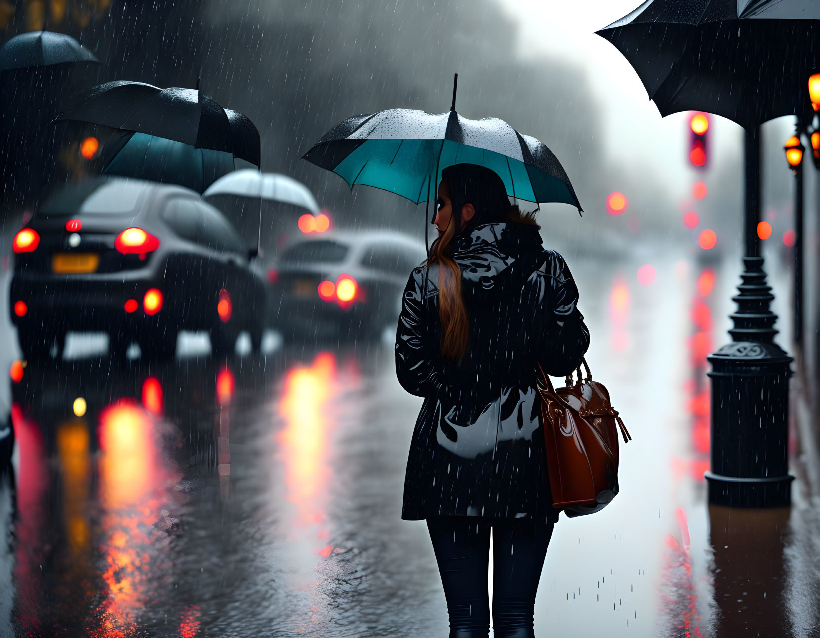 Pedestrian with umbrella in rain, streetlights and car lights reflecting on wet pavement