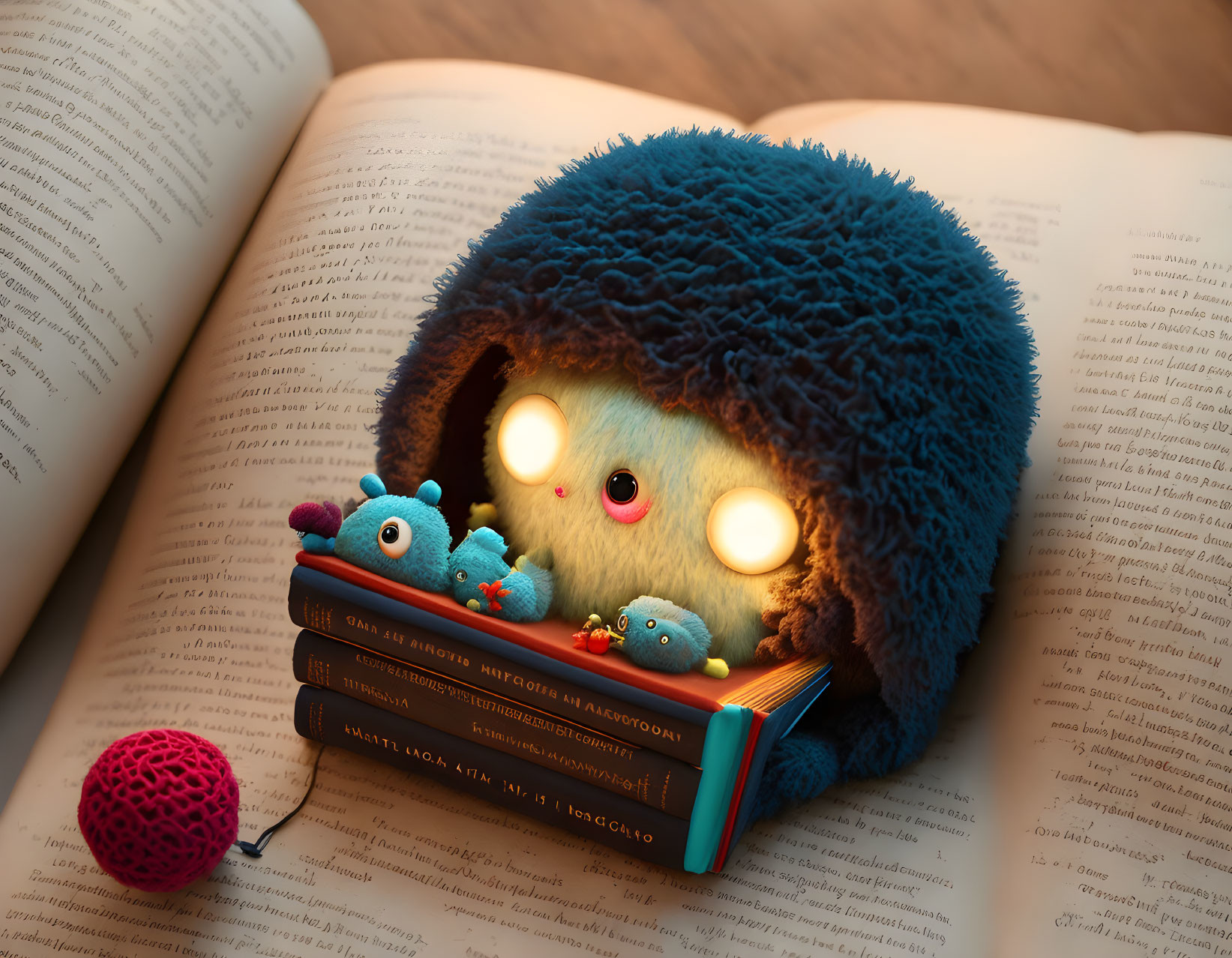 Furry creature with glowing eyes cuddles smaller creatures next to open book and red ball