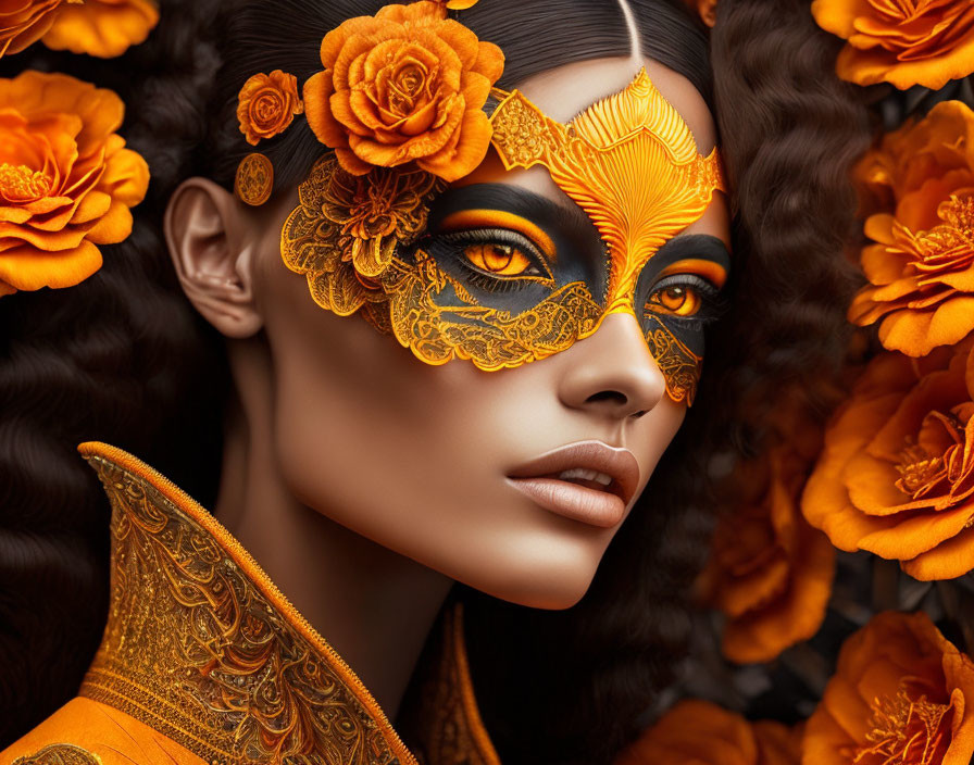 Intricate golden lace mask woman with orange flowers and garment