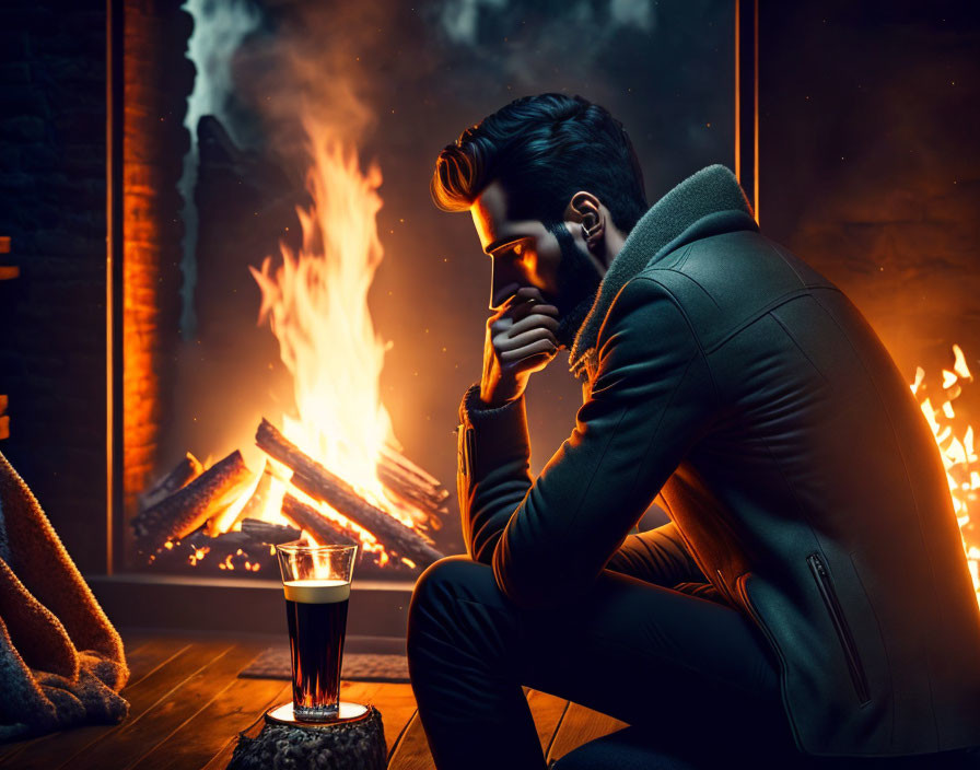 Man sitting by cozy fireplace deep in thought with drink