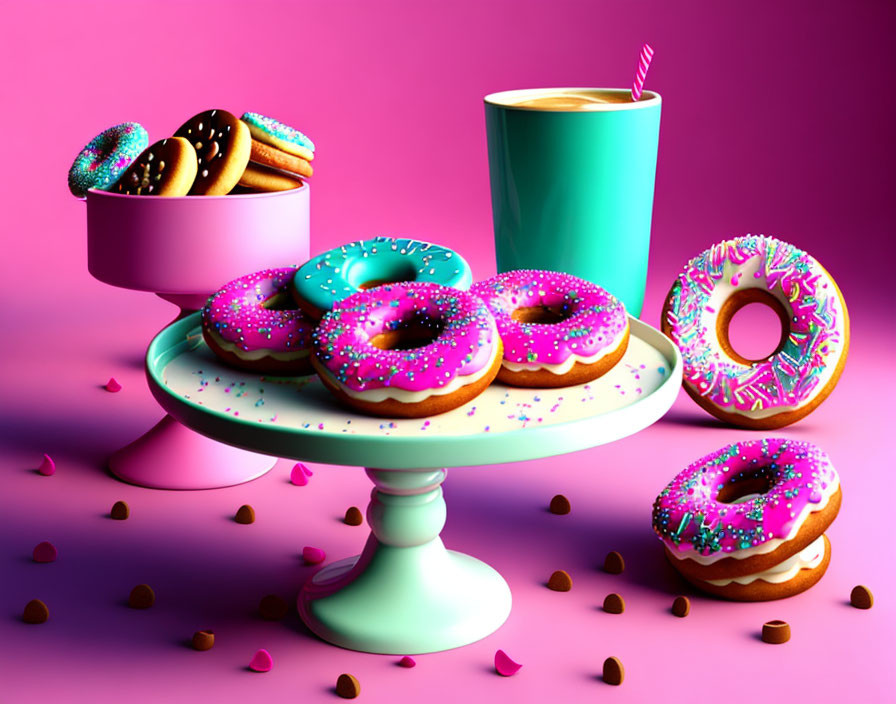 Colorful Pink-Frosted Donuts with Toppings on Cake Stand