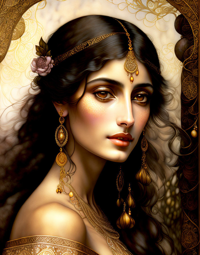 Illustration of woman with large eyes, golden jewelry, and dark headpiece