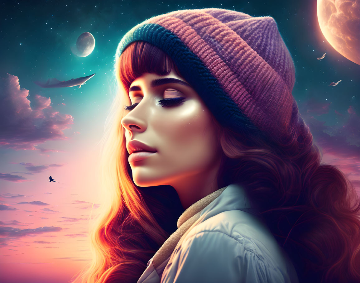 Digital artwork: Woman in beanie under surreal twilight sky with crescent moon, stars, and bird