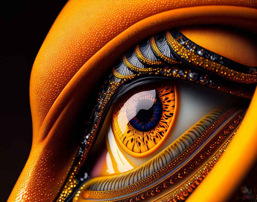 Detailed surreal orange feather pattern swirling around hyper-realistic blue eye